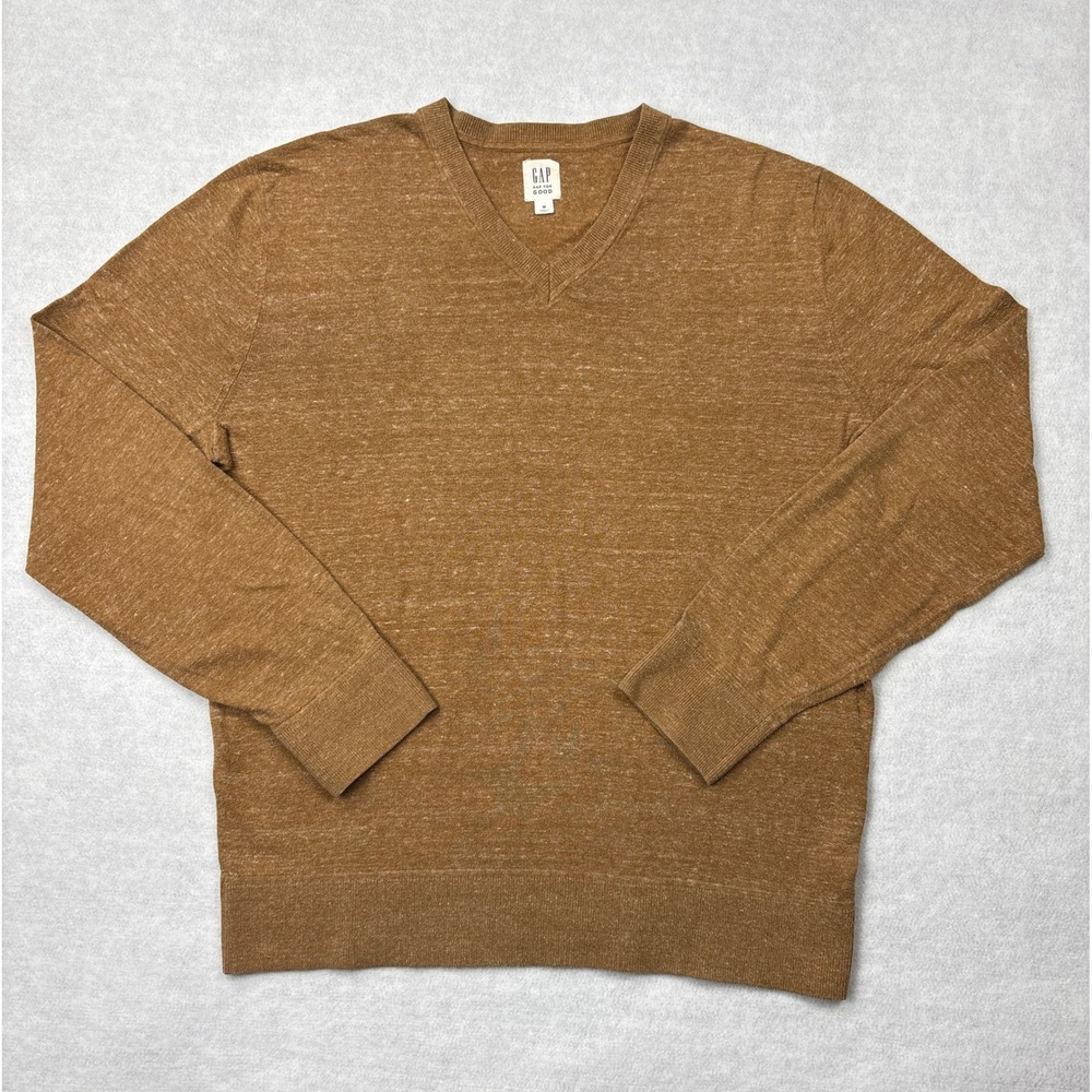 Gap For Good Sweater Mens Medium Brown Camel Heather Cotton V Neck Pullover M